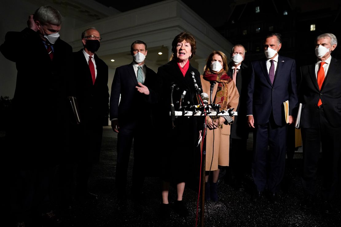 Sen. Susan Collins, R-Maine, speaking after meeting President Joe Biden and Vice President Kamala Harris to discuss a coronavirus relief package, in the Oval Office Monday, Feb. 1, 2021