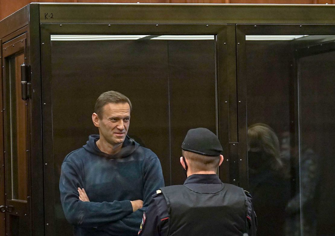 Navalny in a glassed off area of Moscow City Court on Tuesday.