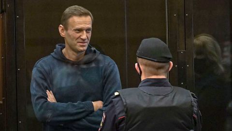 Navalny in a glassed off area of Moscow City Court on Tuesday.