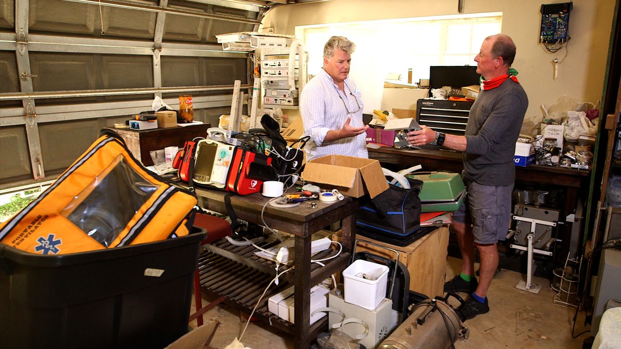 SAVE-P founder Justin Corbett (left) and ventilator technician Robin Whittle (right) in Whittle's garage in Durban, South Africa.