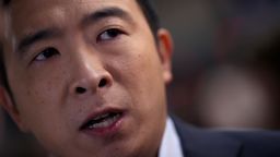 Andrew Yang speaks to reporters in the spin room after the Democratic presidential primary debate at St. Anselm College on February 07, 2020 in Manchester, New Hampshire. 