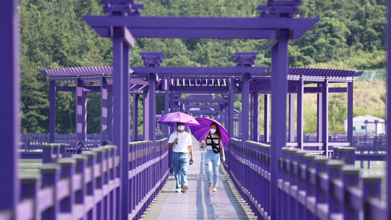 <strong>The bridge: </strong>Most visitors arrive via ferry and then walk across this purple bridge to get into town.