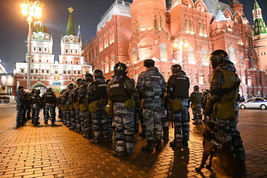 Servicemen of the Russian National Guard (Rosgvardia) gather outside Red Square in Moscow February 2, 2021.