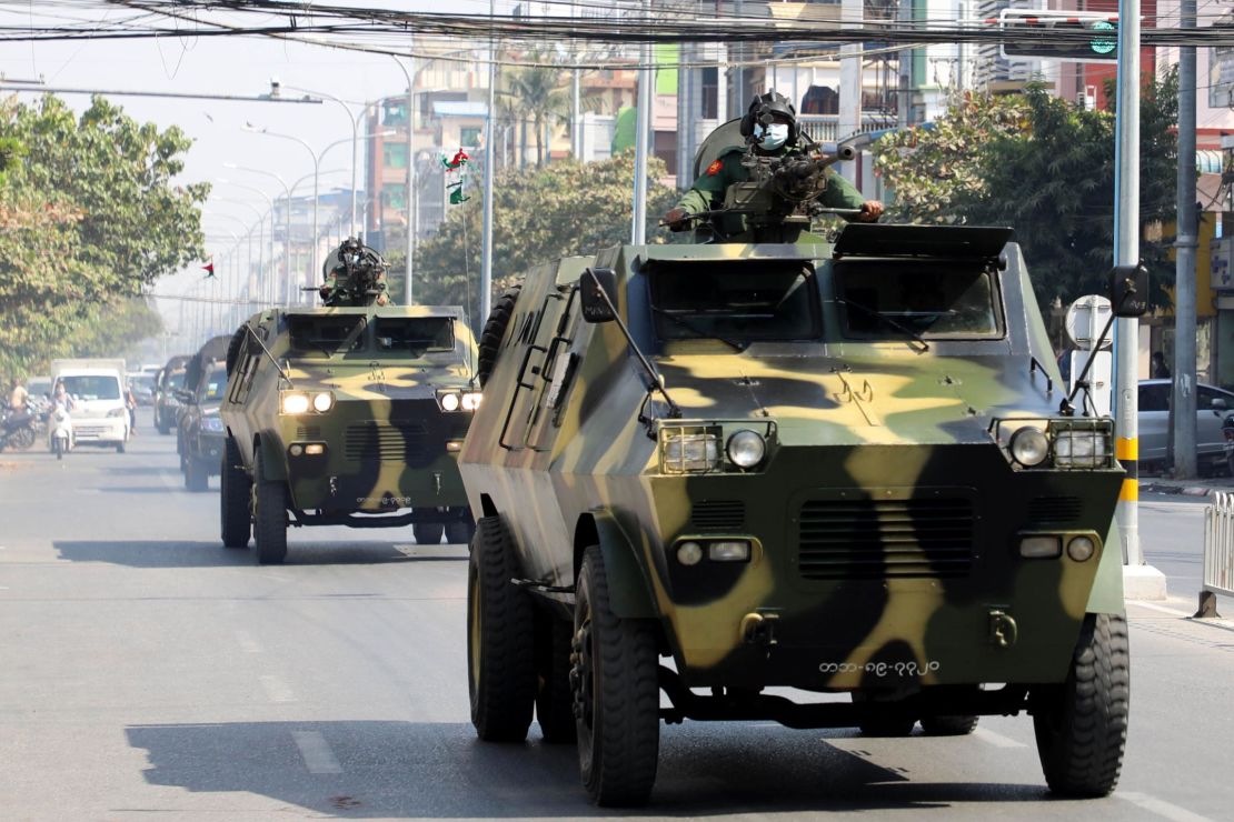 Armoured personnel carriers are seen on the streets of Mandalay on February 3, 2021.
