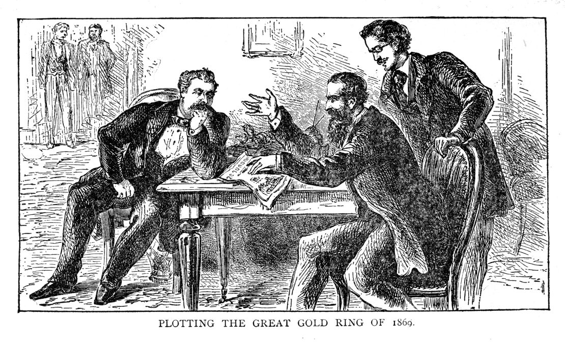 Illustration depicts James Fisk Jr (left) and Jay Gould (center), with an unidentified man (standing), as they plot to corner the gold market, 1869. This precipitated the financial panic of 1869, also known as Black Friday. Illustration published in the late nineteenth century. 