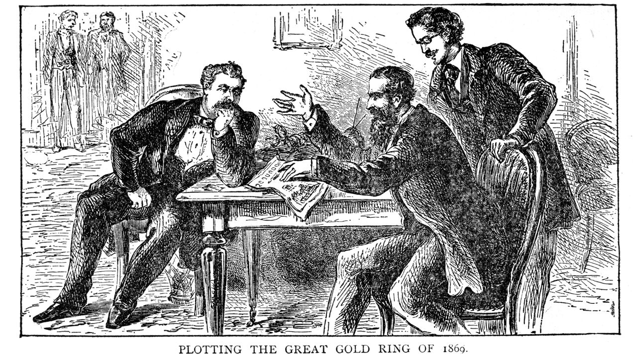 Illustration depicts James Fisk Jr (left) and Jay Gould (center), with an unidentified man (standing), as they plot to corner the gold market, 1869. This precipitated the financial panic of 1869, also known as Black Friday. Illustration published in the late nineteenth century. 