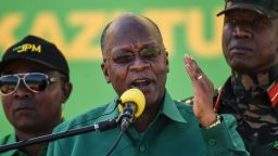 Tanzania's incumbent President and presidential candidate of ruling party Chama Cha Mapinduzi (CCM) John Magufuli (C) speaks during the official launch of the party's campaign for the October general election at the Jamhuri stadium in Dodoma, Tanzania, on August 29, 2020. - Voters will also select new MPs and ward councillors when they go to the polls on October 28. (Photo by ERICKY BONIPHACE / AFP) (Photo by ERICKY BONIPHACE/AFP via Getty Images)