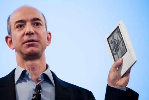 Bezos introduces the Kindle e-reader at a news conference in 2007.