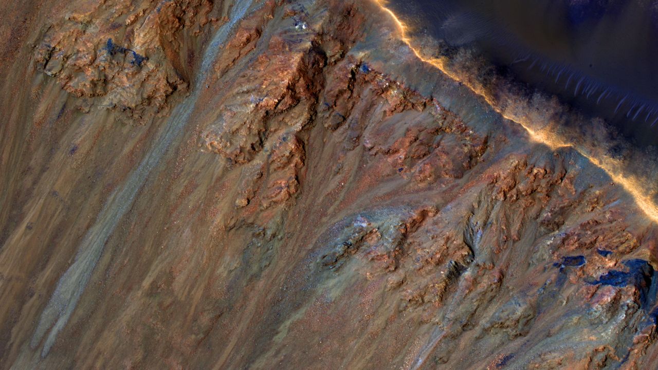 The Mars Reconnaissance Orbiter captured this view of Krupac crater on Mars featuring gullies along the rim and landlsides lower down the crater wall. 