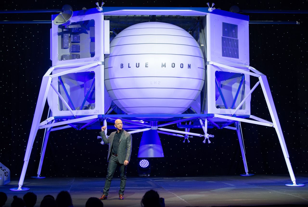 Bezos shows off Blue Moon, Blue Origin's lunar landing prototype, in 2019.