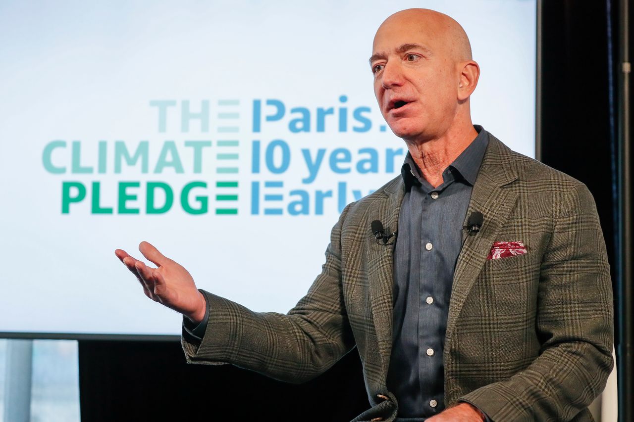 Bezos announces the co-founding of The Climate Pledge in 2019. Bezos' broad plan to fight climate change includes meeting the Paris climate agreement 10 years early. That would make the company carbon-neutral by 2040. Bezos also announced that Amazon would purchase 100,000 electric vans.