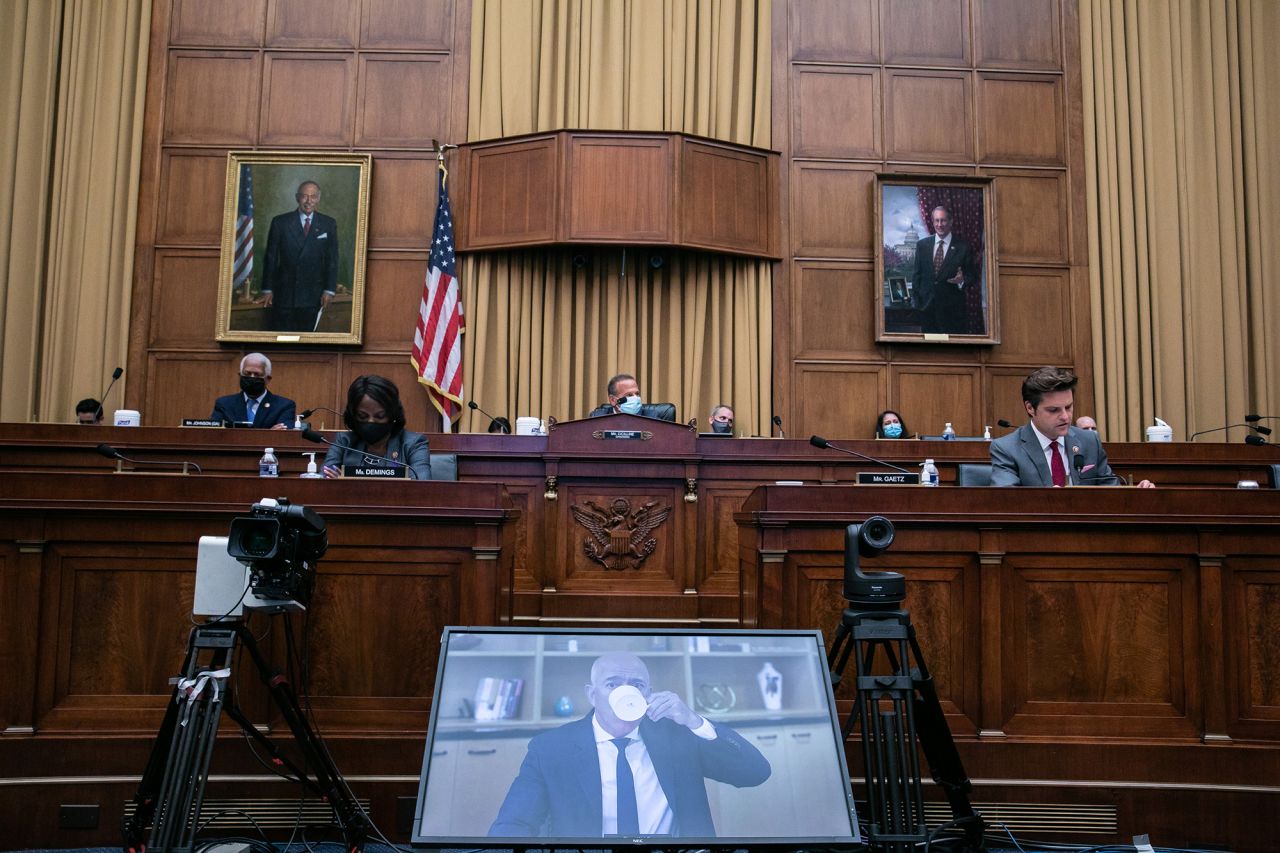 Bezos testifies before a House subcommittee during an antitrust hearing in July 2020. Other powerful tech figures, including Apple CEO Tim Cook and Facebook CEO Mark Zuckerberg, were also questioned about their competitive tactics.