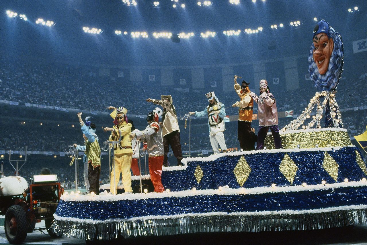 A Mardi Gras-themed float is part of the show in 1981, which took place inside the Louisiana Superdome.