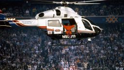 A helicopter picks up Diana Ross after the halftime show of Super Bowl XXX on Jan. 28, 1996, at Sun Devil Stadium in Tempe, Arizona. The Dallas Cowboys defeated the Pittsburgh Steelers 27--17. (Kevin Terrell via AP)