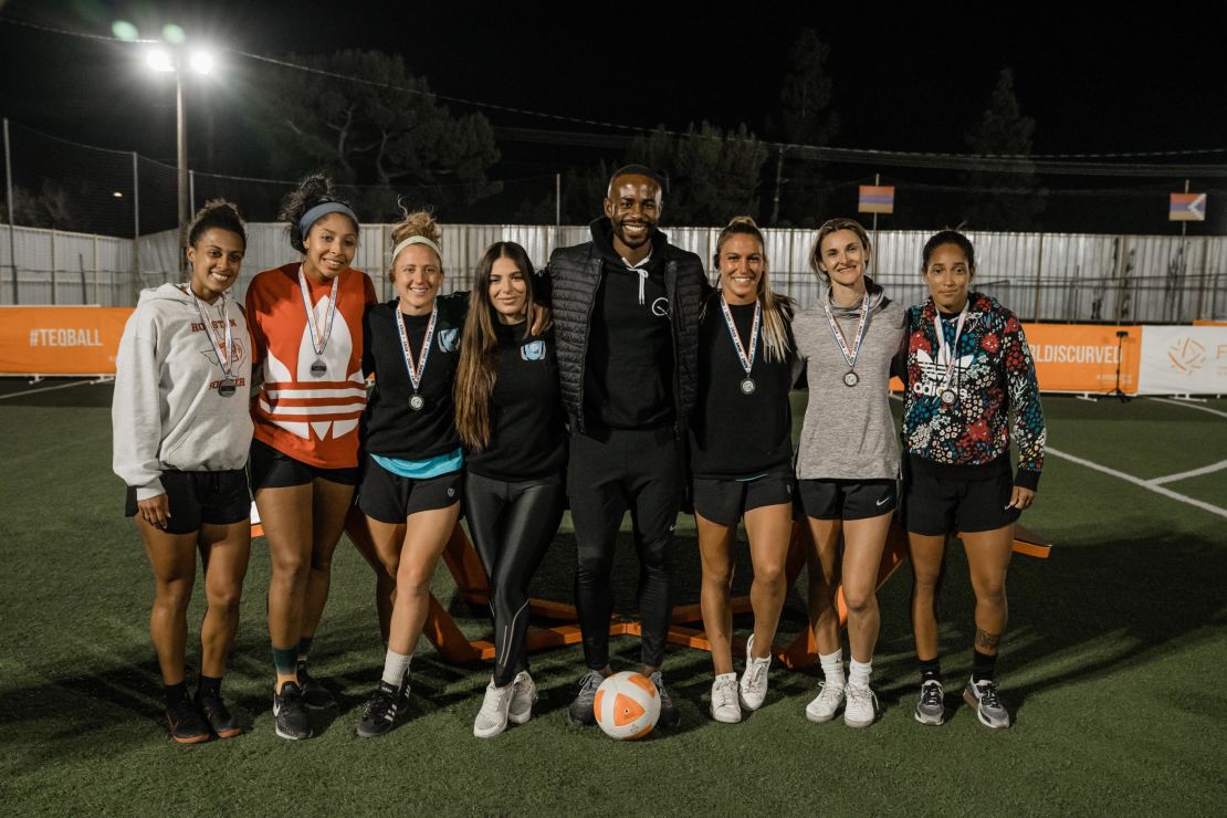 The top three placed teams -- including BellaTeq co-founders Margaret Osmundson, Nancy Avesyan and Carolyn Greco -- in a Teqball tournament pose with the president of the US National Teqball Federation, Ajay Nwosu.