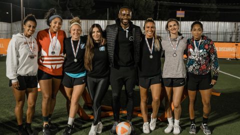 The top three placed teams -- including BellaTeq co-founders Margaret Osmundson, Nancy Avesyan and Carolyn Greco -- in a Teqball tournament pose with the president of the US National Teqball Federation, Ajay Nwosu.
