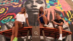 BellaTeq co-founders Carolyn Greco, Nancy Avesyan and Margaret Osmundson pose in front of a mural with a Teqball table in Los Angeles.