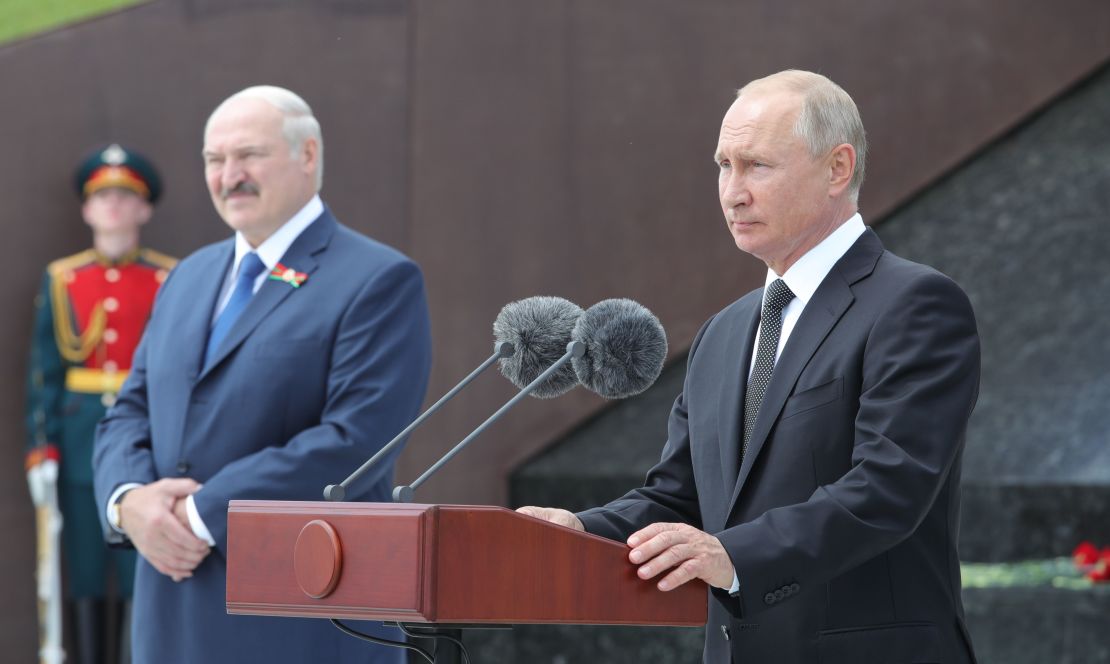 Russian President Vladimir Putin, right, and Belarus' leader Alexander Lukashenko at a ceremony unveiling the Soviet Soldier Memorial near Rzhev, in Russia on June 30, 2020.