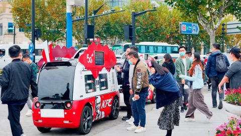 A driverless van deployed by KFC. Last November, the brand piloted a fleet of "dining cars" on the streets of Shanghai.