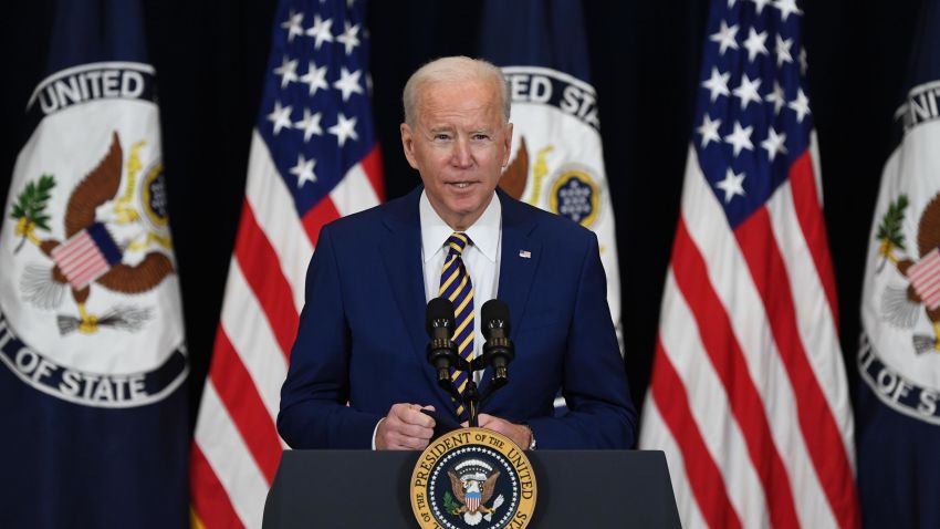 US President Joe Biden speaks to staff of the US State Department during his first visit in Washington, DC, February 4, 2021.