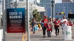 National Football League fans convene in downtown Tampa ahead of Super Bowl LV during the COVID-19 pandemic on January 30, 2021 in Tampa, Florida. The Tampa Bay Buccaneers will play the Kansas City Chiefs in Raymond James Stadium for Super Bowl LV on February 7. (Photo by Octavio Jones/Getty Images)