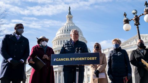 Senate Majority Leader Chuck Schumer (D-NY) speaks during a press conference about student debt outside the U.S. Capitol on February 4, 2021 in Washington, DC. Also pictured, L-R, Rep. Mondaire Jones (D-NY), Rep. Alma Adams (D-NC), Rep. Ilhan Omar (D-MN), Sen. Elizabeth Warren (D-MA) and Rep. Ayanna Pressley (D-MA). 