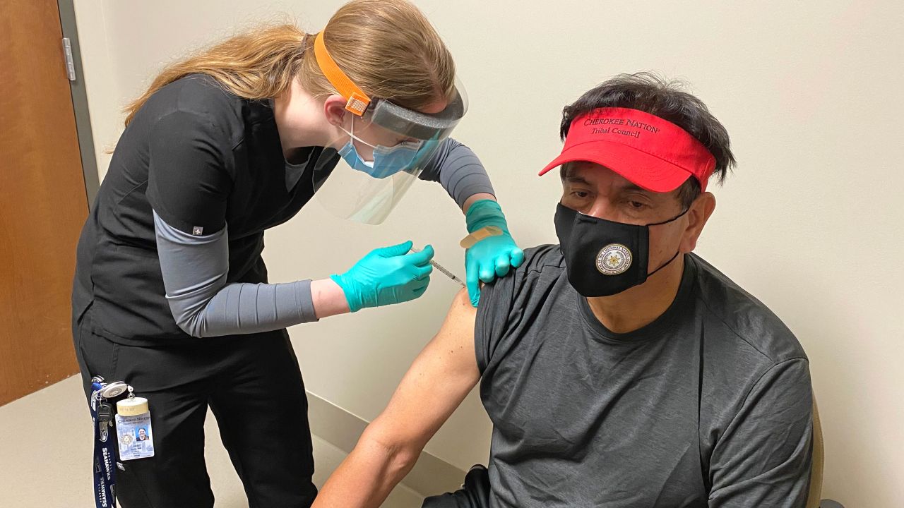 A Cherokee Nation citizen receives a Covid-19 vaccine on January 12, 2021.