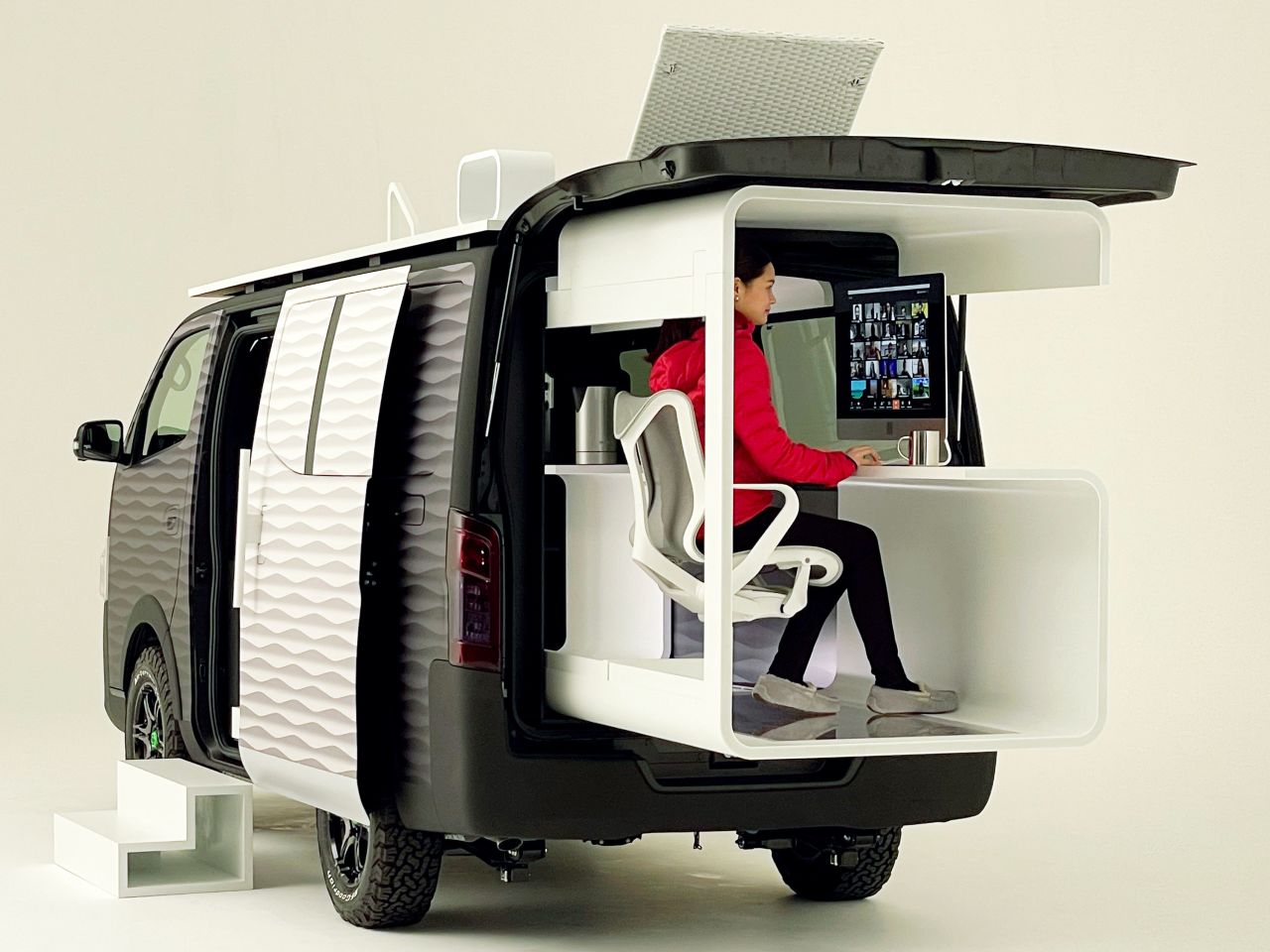 Nissan's new concept camper van, which turns into a home office for remote working.