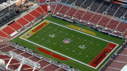 TAMPA, FLORIDA - JANUARY 31:  An aerial view of Raymond James Stadium ahead of Super Bowl LV on January 31, 2021 in Tampa, Florida. (Photo by Mike Ehrmann/Getty Images)