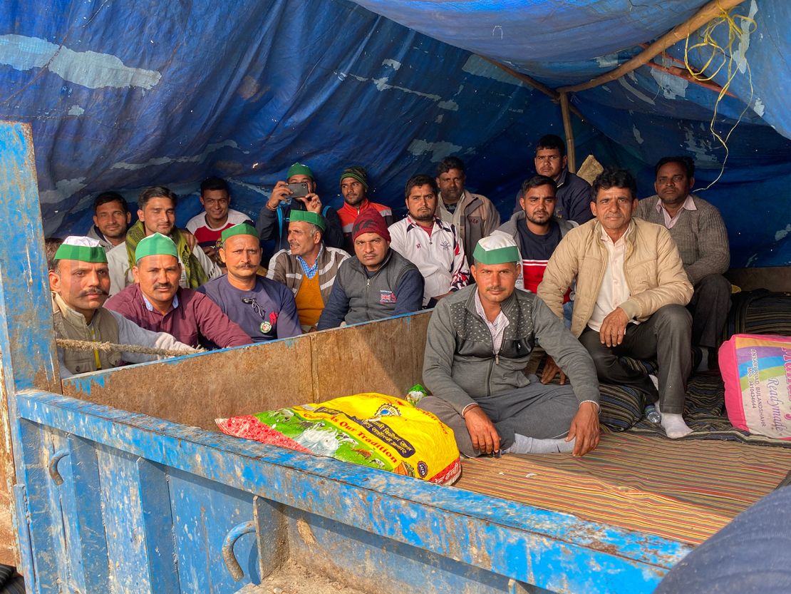 Down time in Ghazipur as farmers gather together outside of a makeshift tent, on February 4, 2021.
