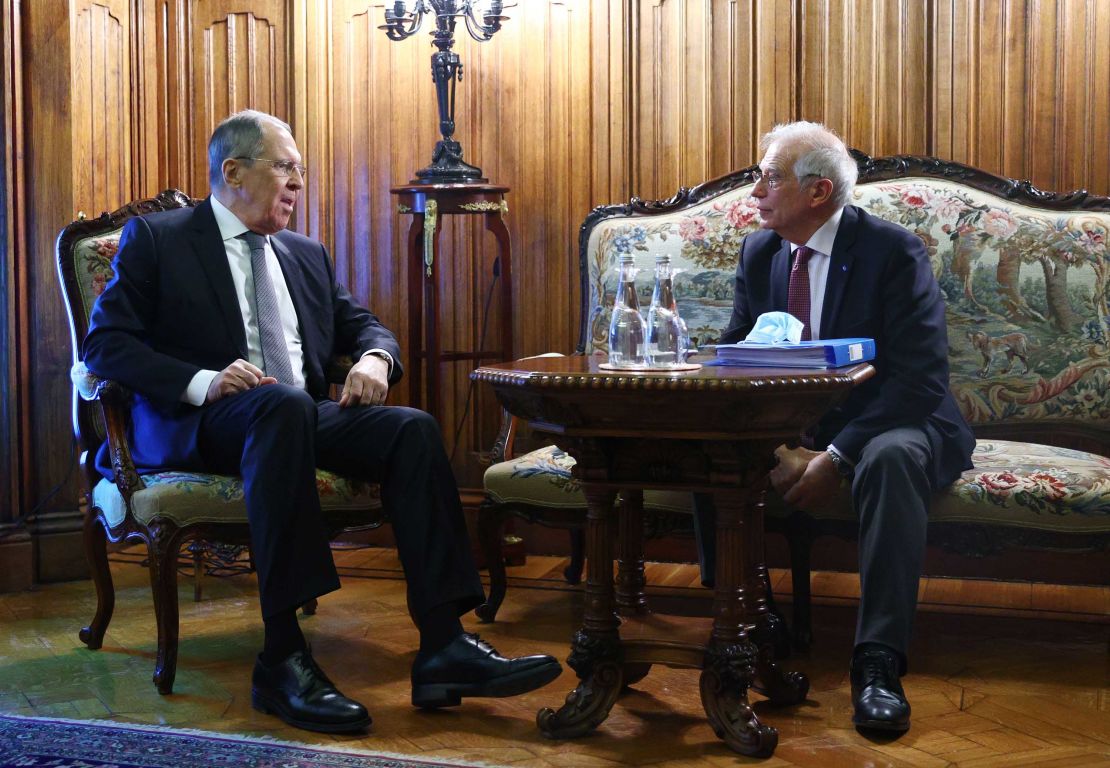A handout photo from the Russian Foreign Affairs Ministry shows Russian Foreign Minister Sergei Lavrov (left) and EU foreign affairs chief Josep Borrell during their meeting in Moscow on Friday.