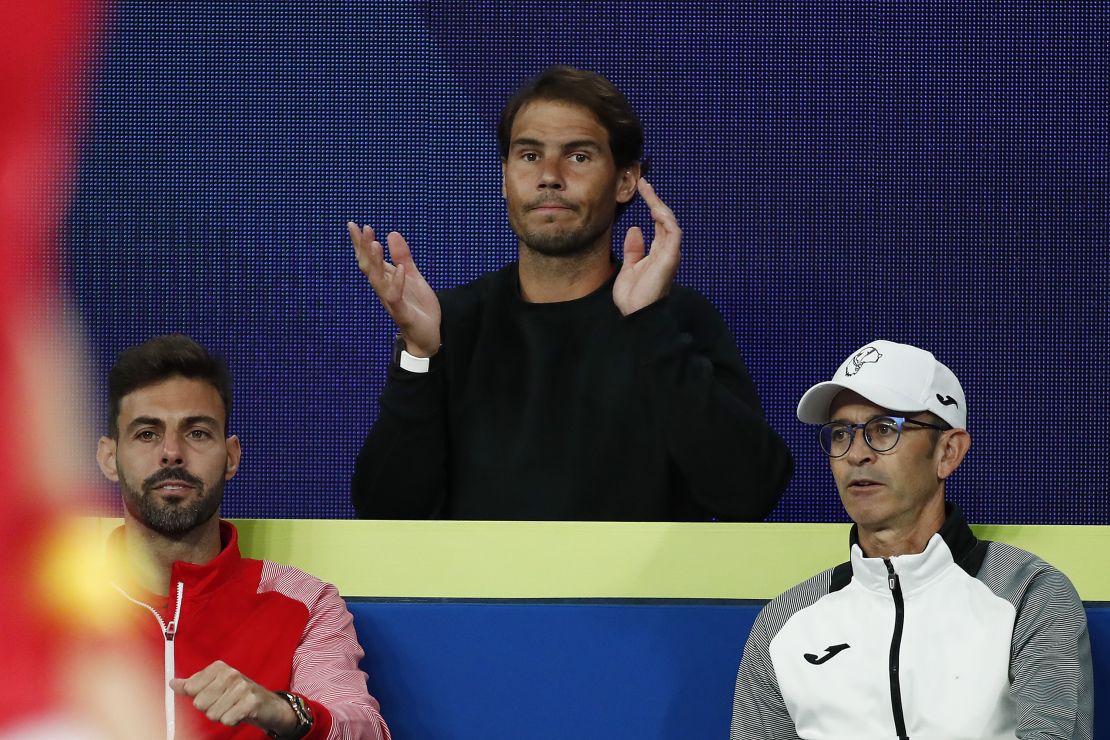 Nadal watches on during Spain's  ATP Cup match.