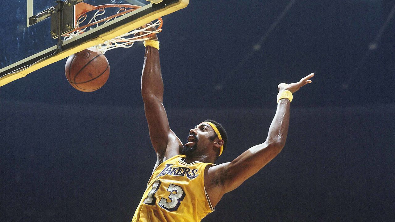 Lakers' Wilt Chamberlain dunking against the New York Knicks in 1970.