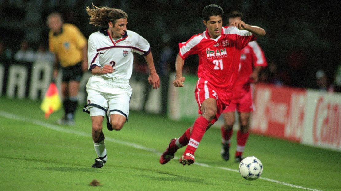 Iran's Minavand (right) in action vs. USA's Frankie Hejduk (left) in 1998 in Lyon, France.