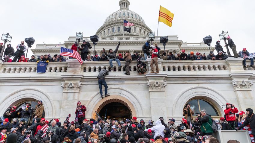 Protesters seen all over Capitol building where pro-Trump supporters riot and breached the Capitol. Rioters broke windows and breached the Capitol building in an attempt to overthrow the results of the 2020 election.