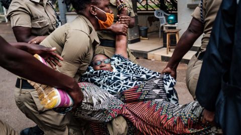 Stella Nyanzi being arrested by police after organizing a protest for more government food assistance during a nationwide Covid-19 lockdown, in Kampala, on May 18, 2020.