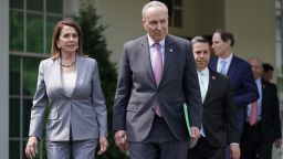 Pelosi and Schumer lead fellow Congressional Democrats out of the White House following a meeting with President Donald Trump at the White House April 30, 2019 in Washington, DC. 