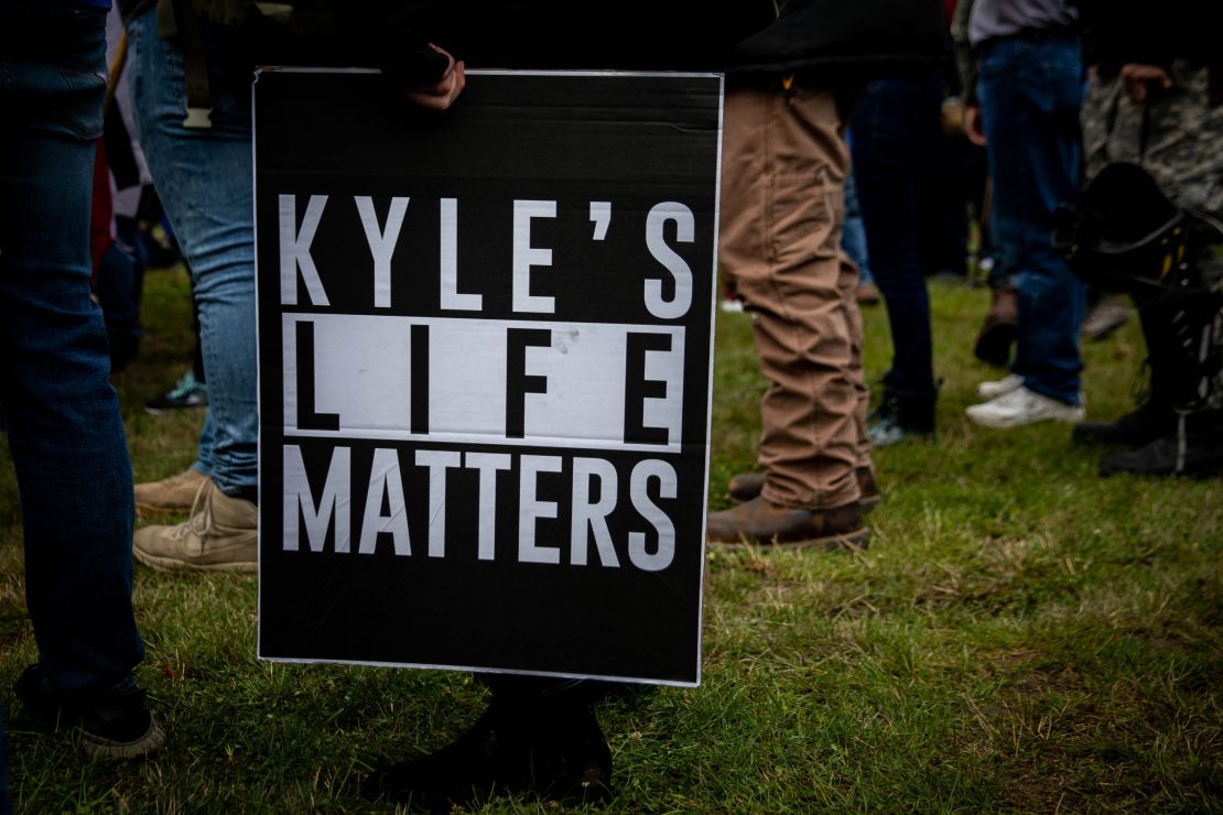 A person holds a sign that reads "Kyle's Life Matters," a reference to Kyle Rittenhouse, as members of the Proud Boys and other similar groups gathered in Portland, Oregon on September 26, 2020. 
