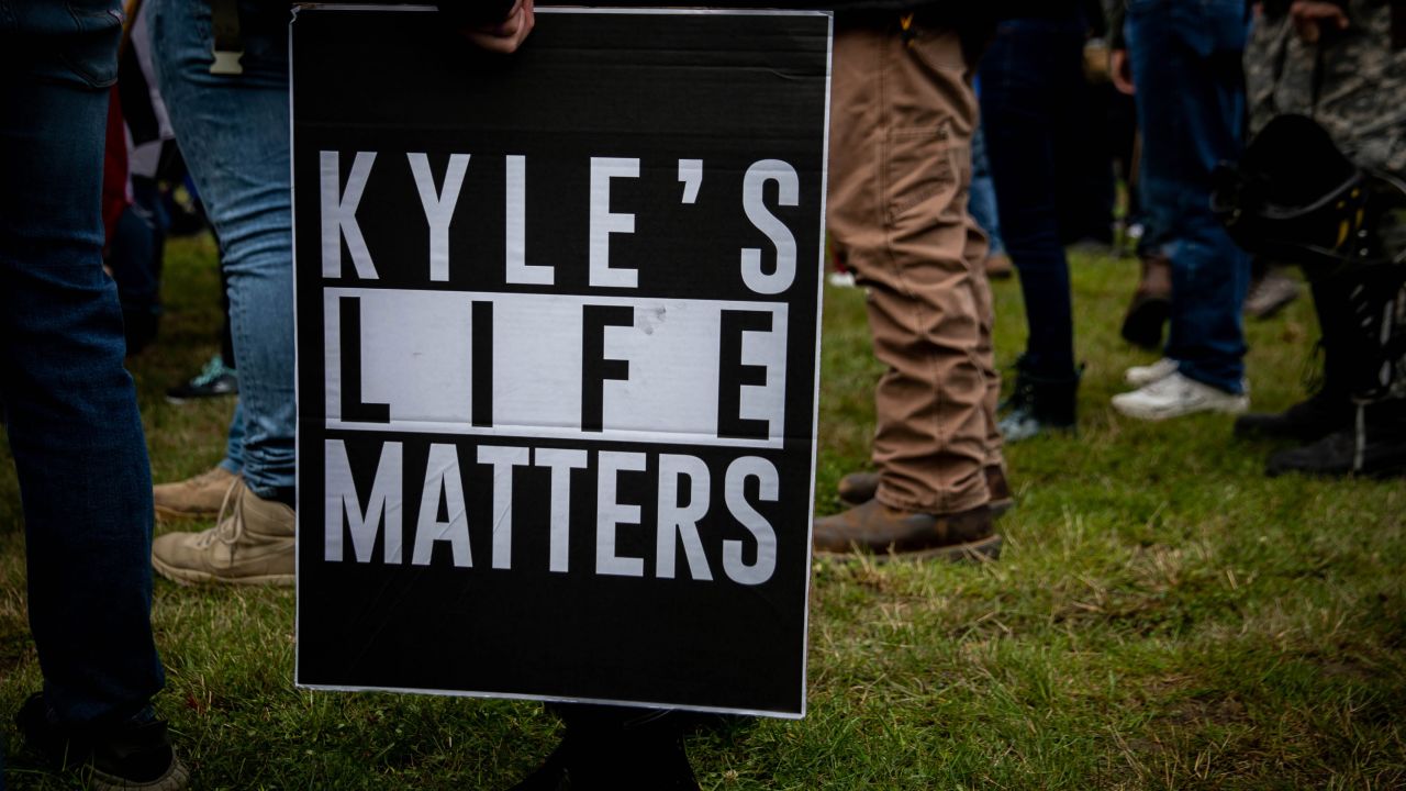 A person holds a sign that reads "Kyle's Life Matters," a reference to Kyle Rittenhouse, as members of the Proud Boys and other similar groups gathered in Portland, Oregon on September 26, 2020. 