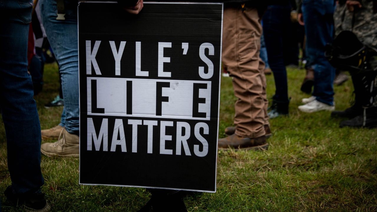 A person holds a sign that reads "Kyle's Life Matters," a reference to Kyle Rittenhouse, as members of the Proud Boys and other similar groups gathered in Portland, Oregon on September 26, 2020.