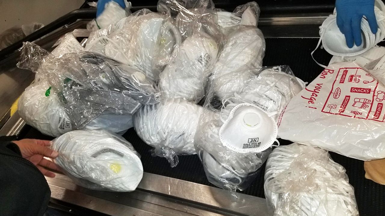 These photos were from a CBP seizure of 400 counterfeit 3M N95 respirators at Dulles International Airport outside of Washington, DC in April 2020.