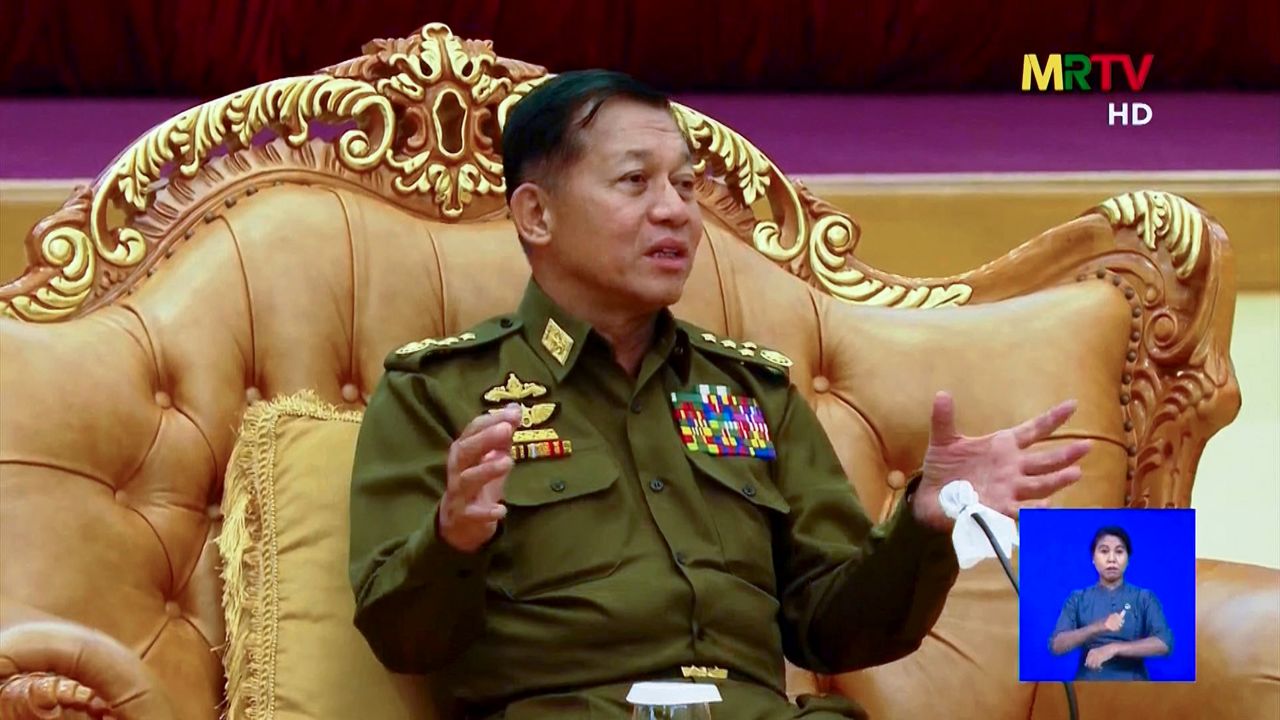 This screengrab provided via AFPTV and taken from a broadcast by Myanmar Radio and Television (MRTV) in Myanmar on February 3, 2021 shows military chief General Min Aung Hlaing in Naypyidaw following the military coup. 