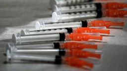 These are syringes loaded with the Moderna COVID-19 Vaccine, during a vaccination clinic hosted by the University of Pittsburgh and the Allegheny County Health Department at the Petersen Events Center, in Pittsburgh, Thursday, Jan. 28, 2021. The clinic, staffed by Pitt faculty and students from Pharmacy, Nursing, Medicine, and Health and Rehabilitation Sciences, will vaccinate some 800 personnel, over two days, who are work in healthcare roles, including students from Chatham College, Community College of Allegheny County, Duquesne University, LaRoche University, Pittsburgh Technical College and Pitt who work with patients. (AP Photo/Gene J. Puskar)
