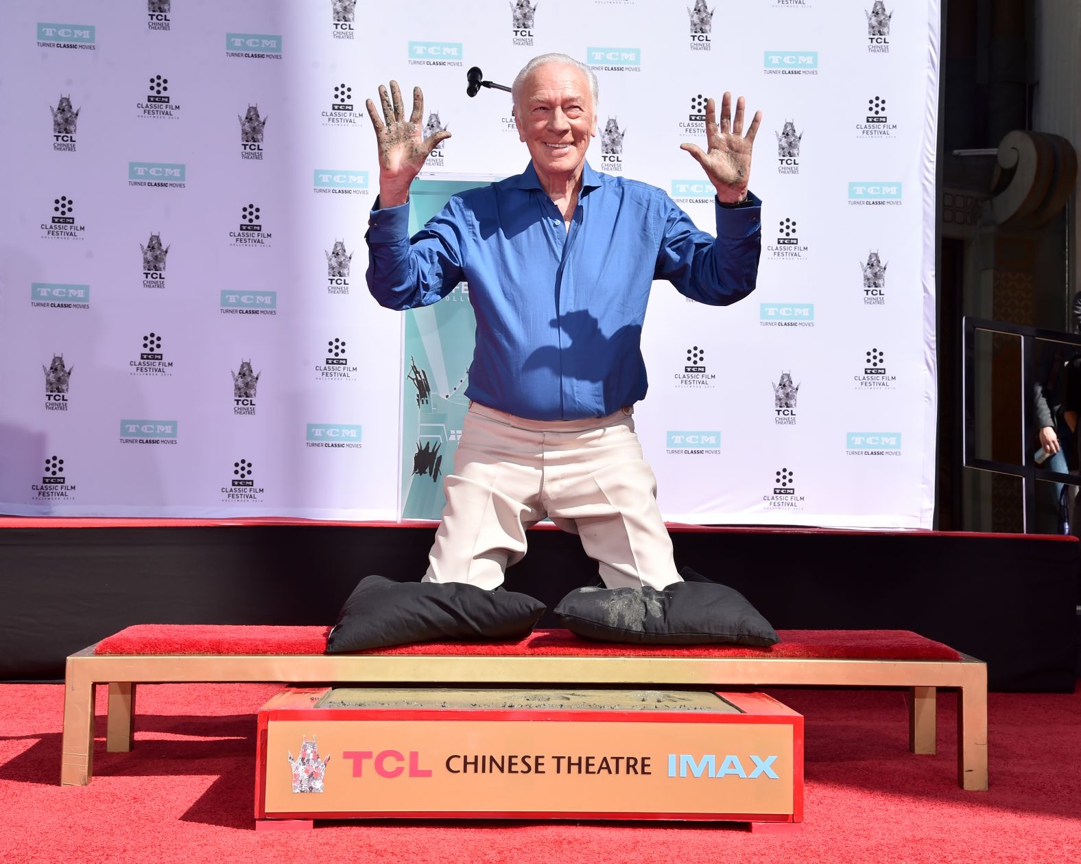 Plummer leaves his handprints at the famous TCL Chinese Theatre in Hollywood in 2015.