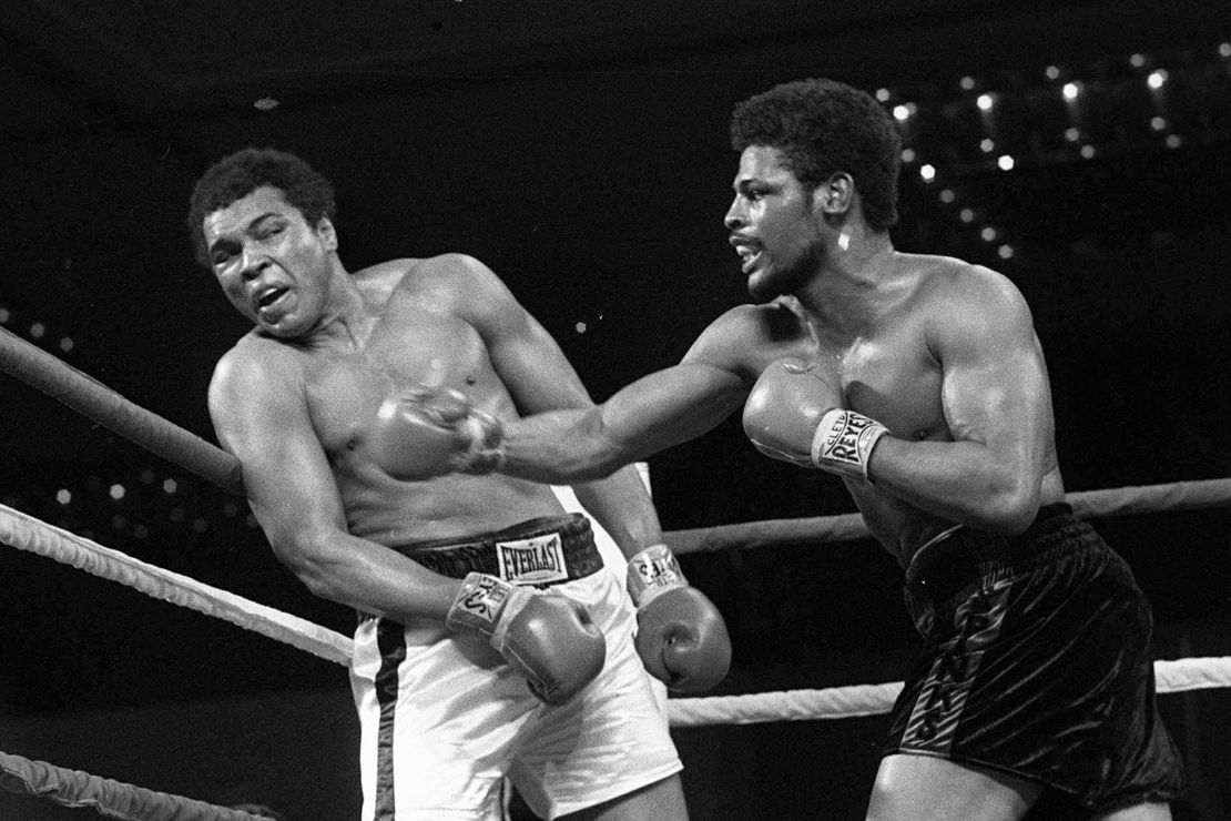 In this Feb. 15, 1978 photo, Leon Spinks, right, connects with a right hook to Muhammad Ali, during the late rounds of their championship fight in Las Vegas. 