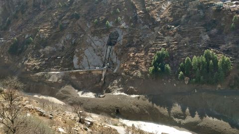 The damaged dam at Raini Chak Lata village in the northern state of Uttarakhand is pictured after a Himalayan glacier broke and crashed into it.