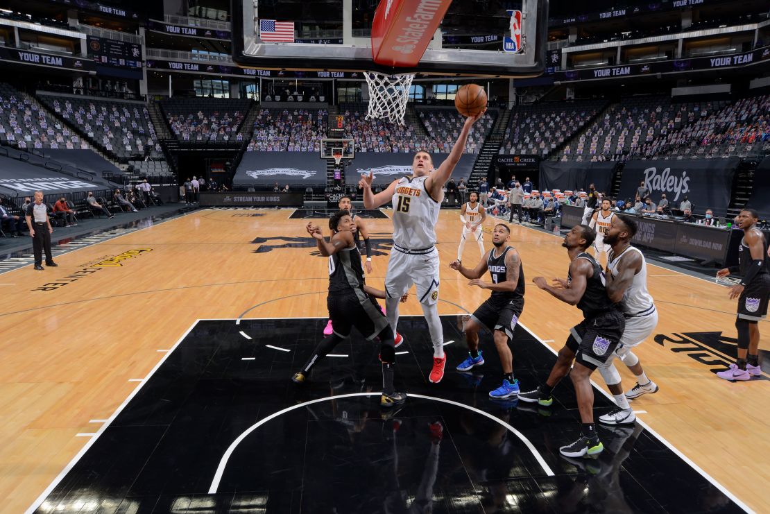 Jokic shoots during the game against the Sacramento Kings.