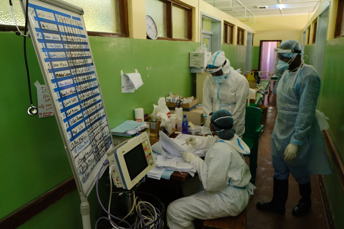 Nurses work on the roster inside one of four wards converted for Covid-19 patients at Queen Elizabeth hospital.