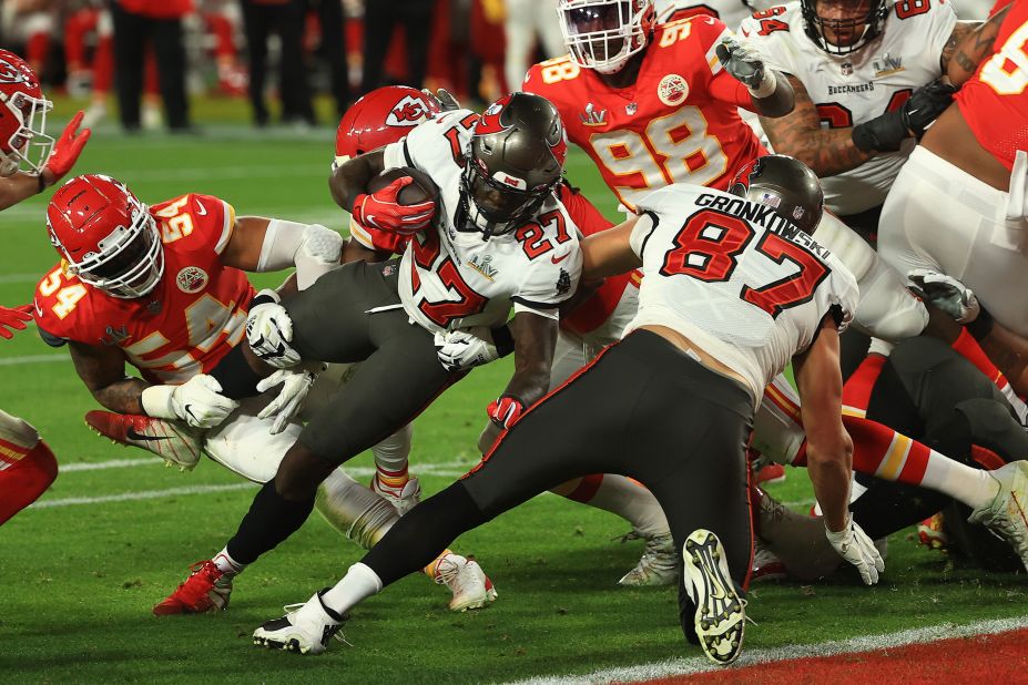 Tampa Bay running back Ronald Jones II is stuffed at the goal line in the second quarter. The Chiefs made a big stop on 4th-and-goal to keep the score at 7-3 -- at least for the time being.