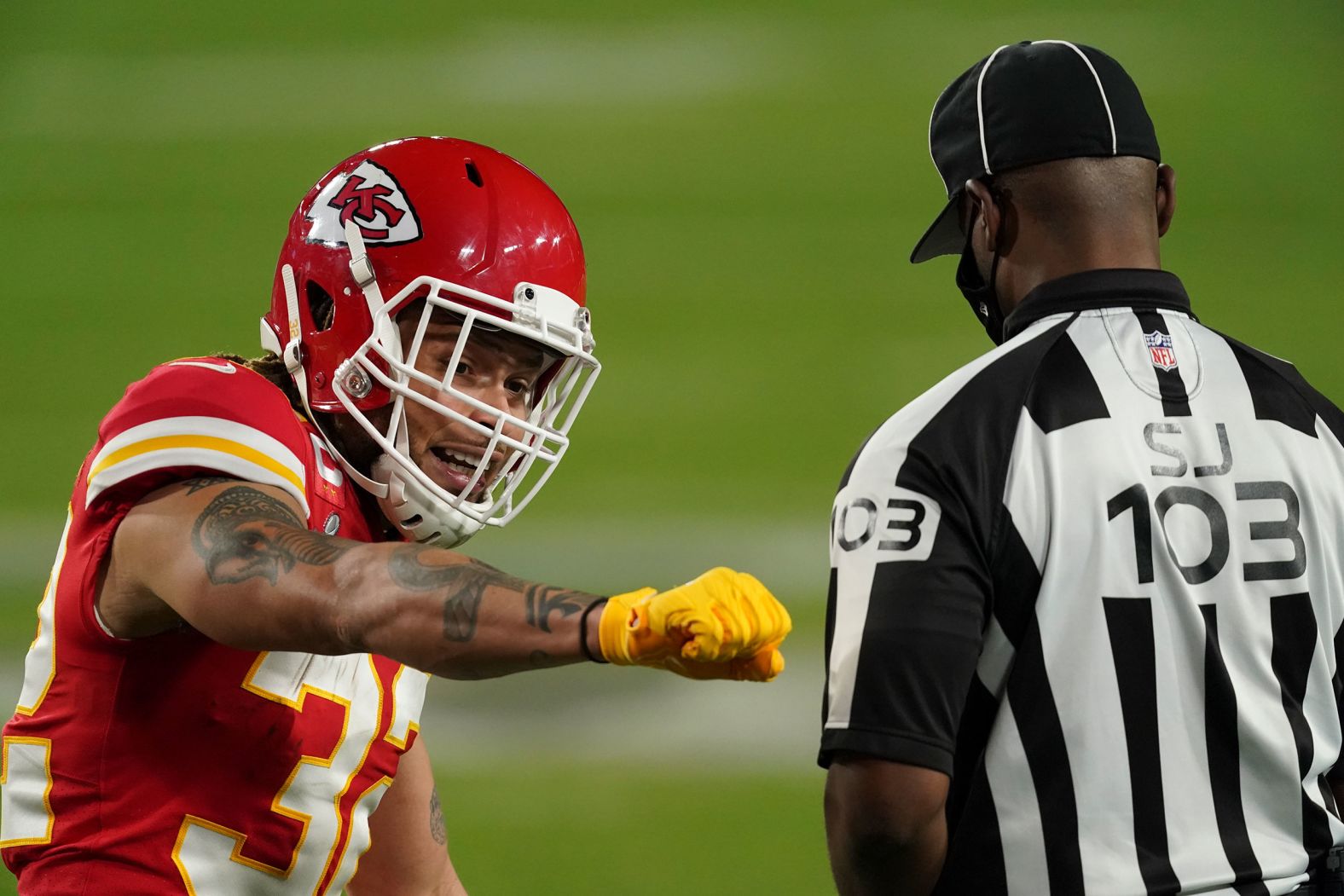 Kansas City safety Tyrann Mathieu reacts to a penalty late in the first half. Tampa Bay would score a touchdown on the possession. The Chiefs had 95 penalty yards in the first half -- a Super Bowl record for any team in a single half.